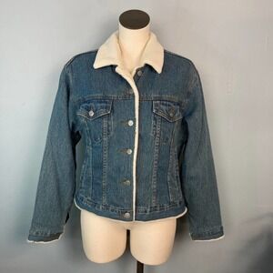 VINTAGE Star Blue Apparel Faux Fur Lined Denim Trucker Jacket Womens Size L Jean